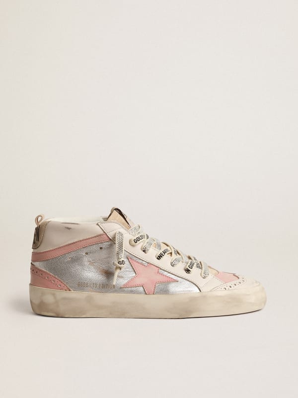 Mid Star LTD in silver metallic leather with pink star and flash | Golden  Goose