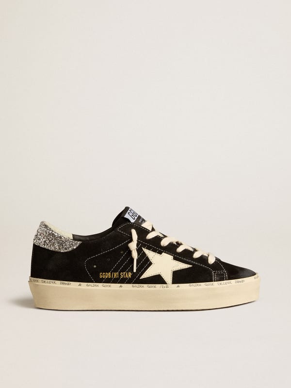 Women’s Hi Star in black leather with silver glitter heel tab | Golden ...