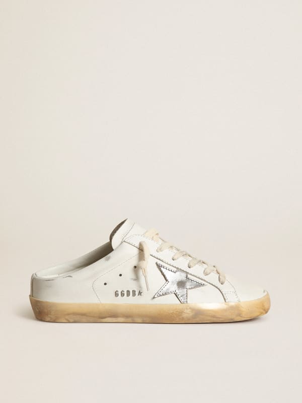 Super-Star Sabots in white leather with silver metallic leather star ...