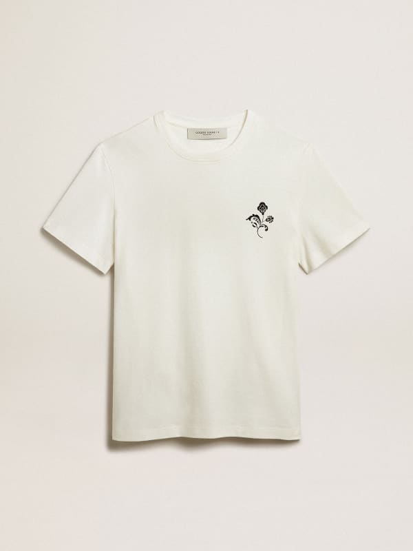 White cotton T-shirt with flower print on the front | Golden Goose