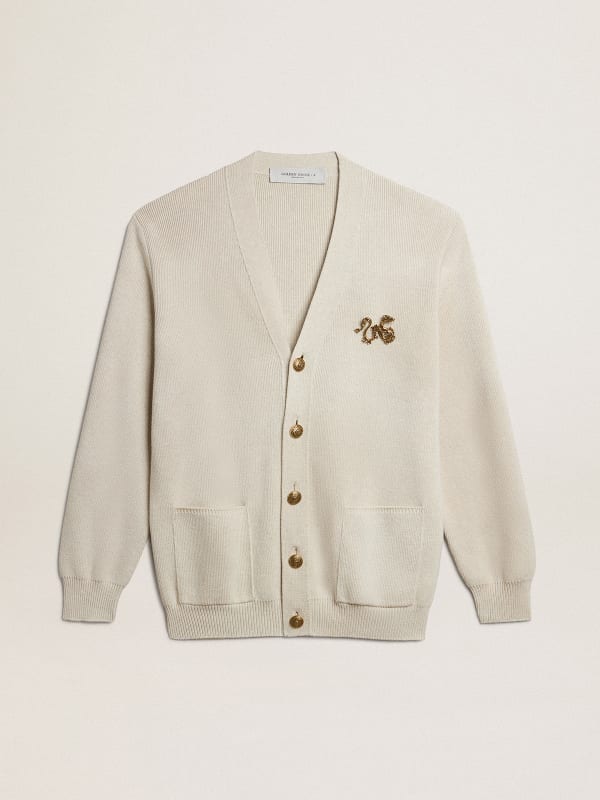 Cardigan in aged white cotton with gold button fastening | Golden Goose