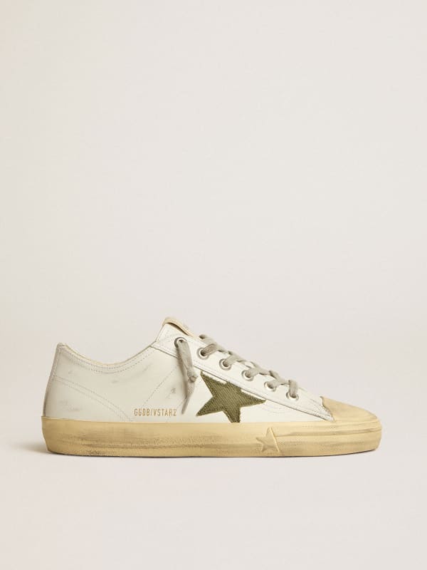 V-Star in white leather with green canvas star | Golden Goose