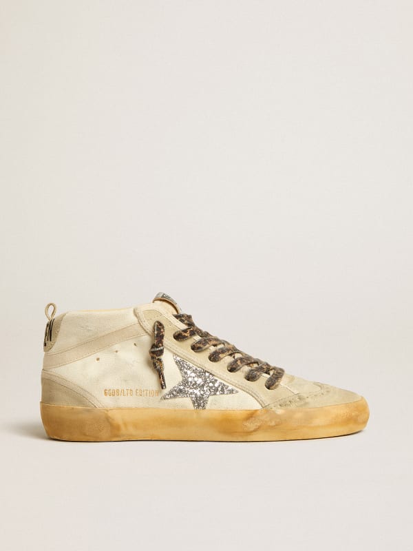 Mid Star in canvas with silver glitter star and beige flash | Golden Goose