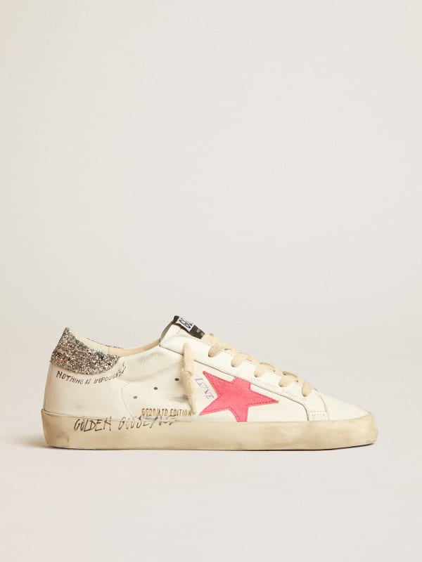 Super-Star LTD avec étoile en daim couleur langouste fluo et contrefort à paillettes | Golden Goose