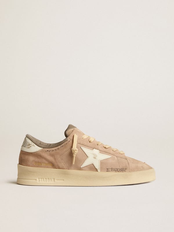 Stardan in old rose suede with white leather star and heel tab | Golden ...