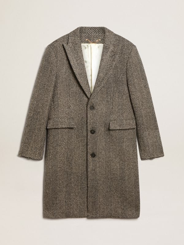 Men's single-breasted wool coat with beige and gray herringbone weave |  Golden Goose