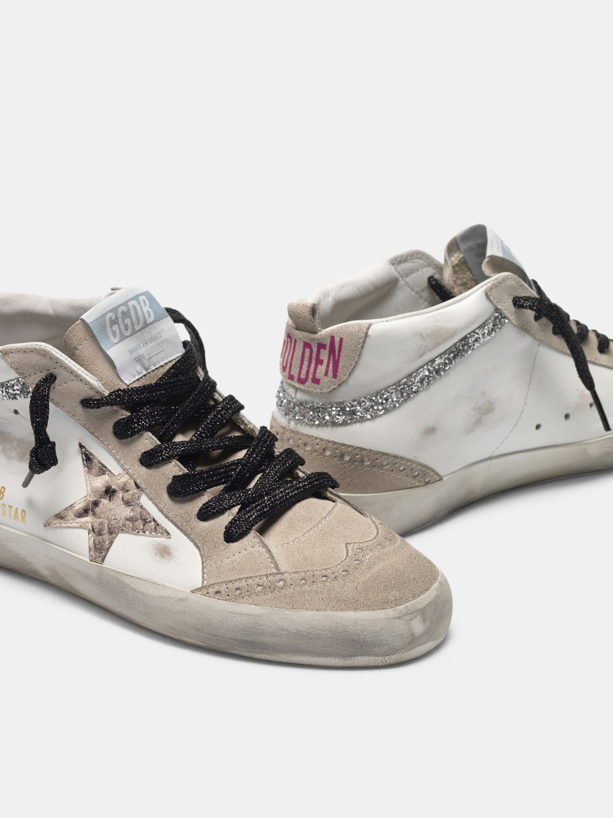 Mid-Star sneakers in leather with snakeskin-print star and glitter ...