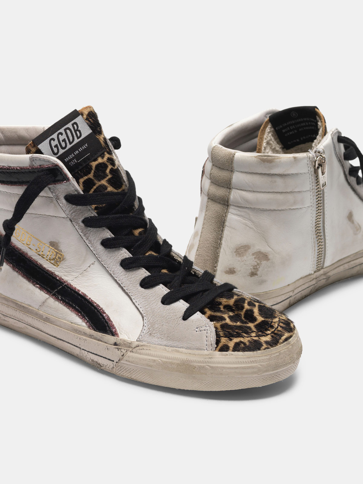 Slide sneakers with leopard-print pony skin insert and glitter detail ...