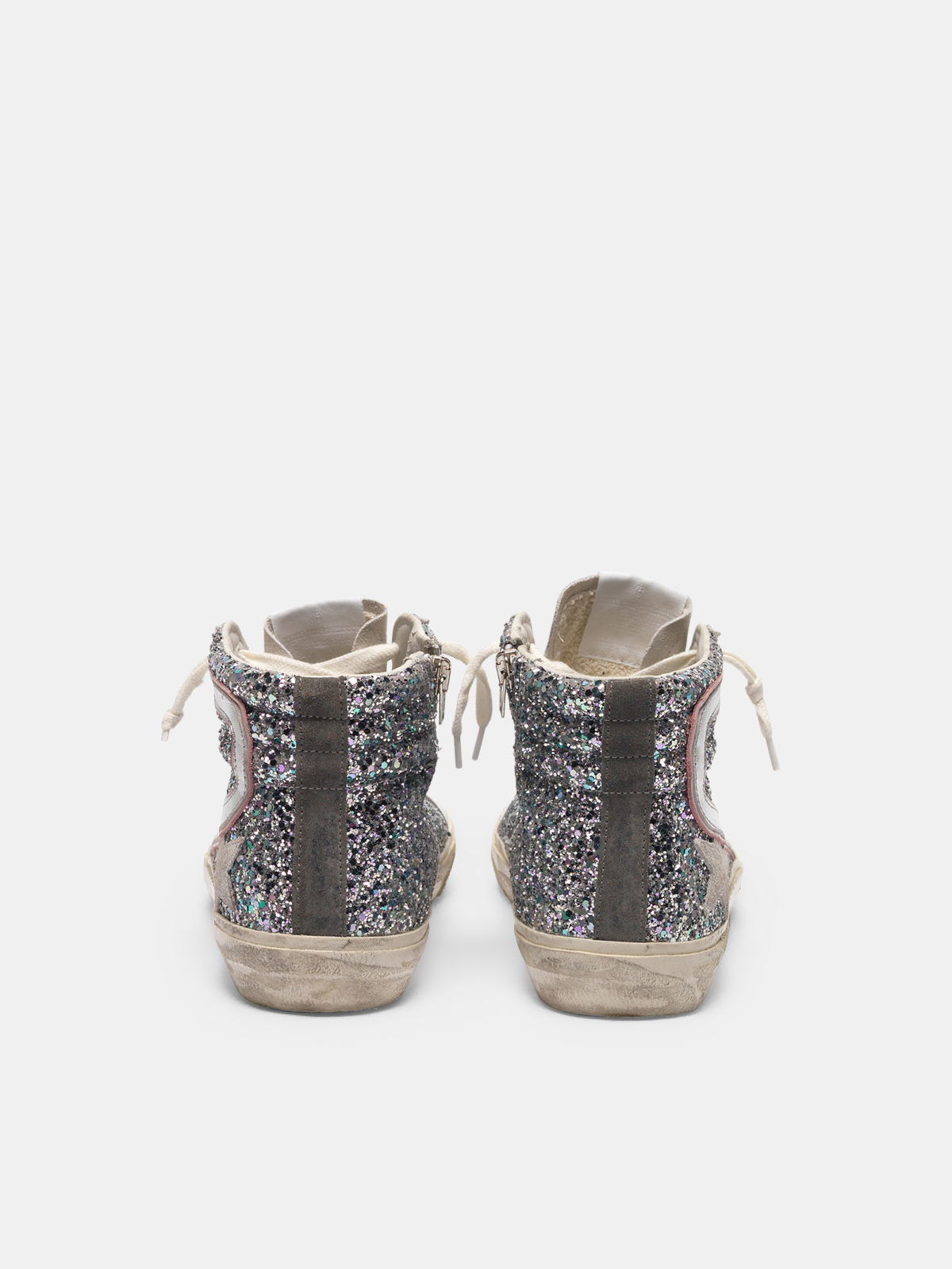 golden goose slide sneakers in silver laminated leather and glitter