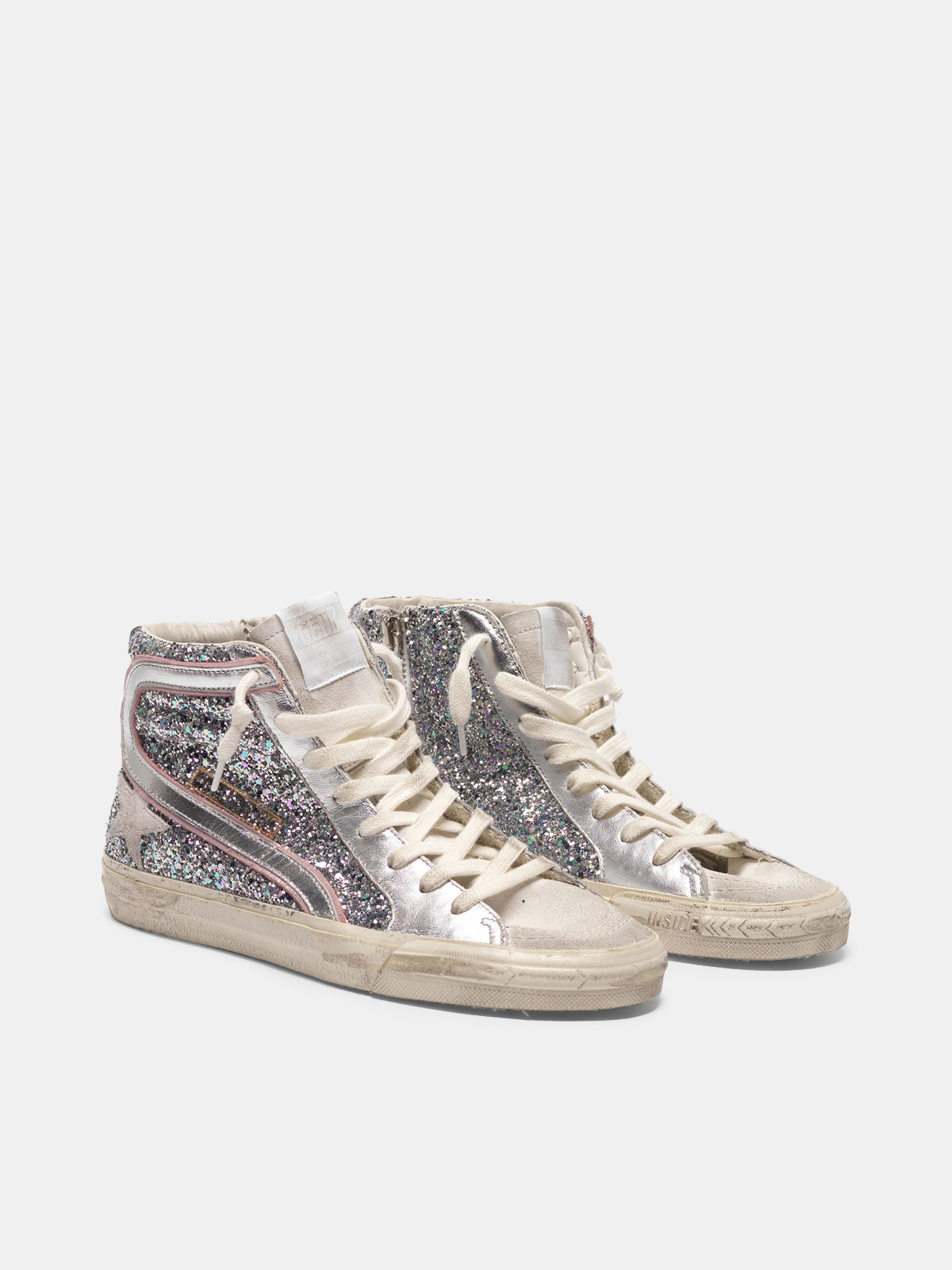 golden goose slide sneakers in silver laminated leather and glitter