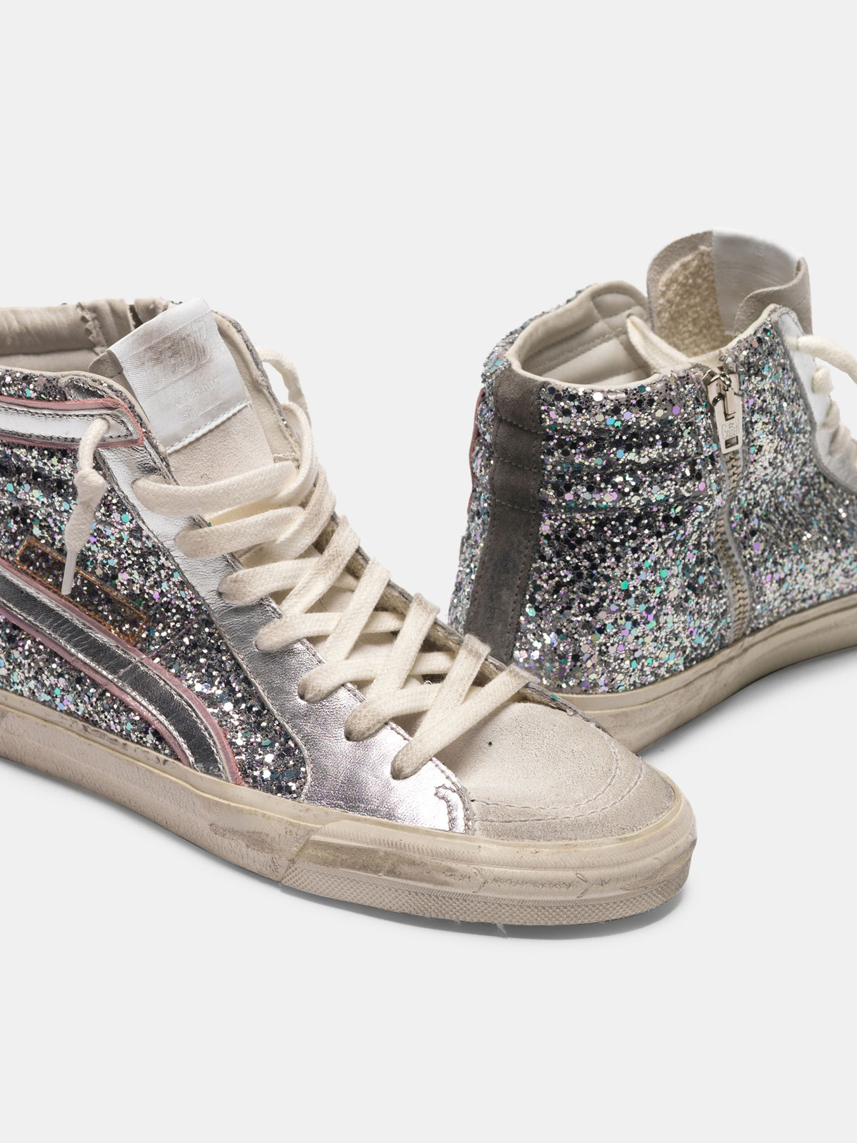 golden goose slide sneakers in silver laminated leather and glitter