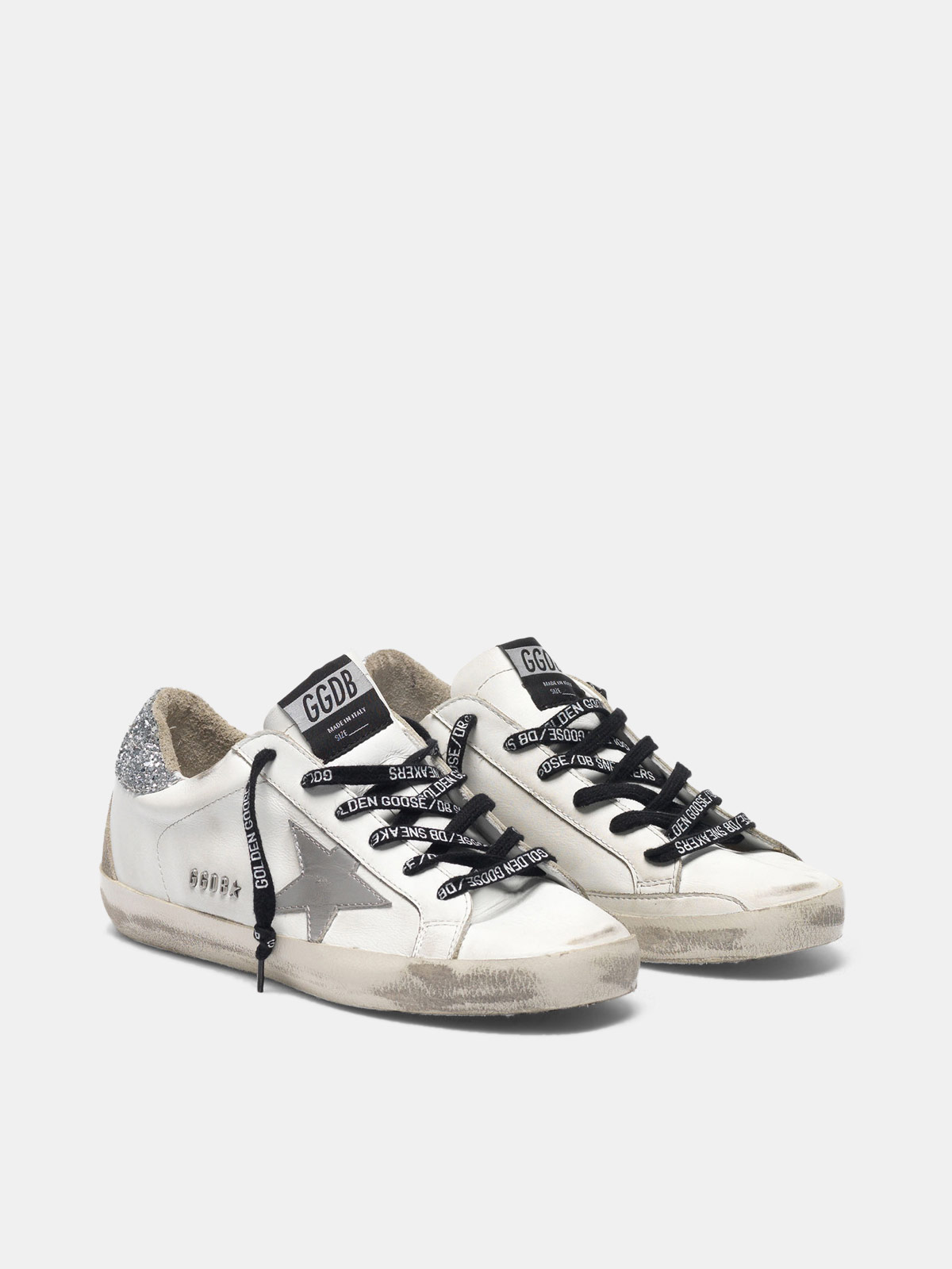 golden goose white & silver glitter tab superstar sneakers