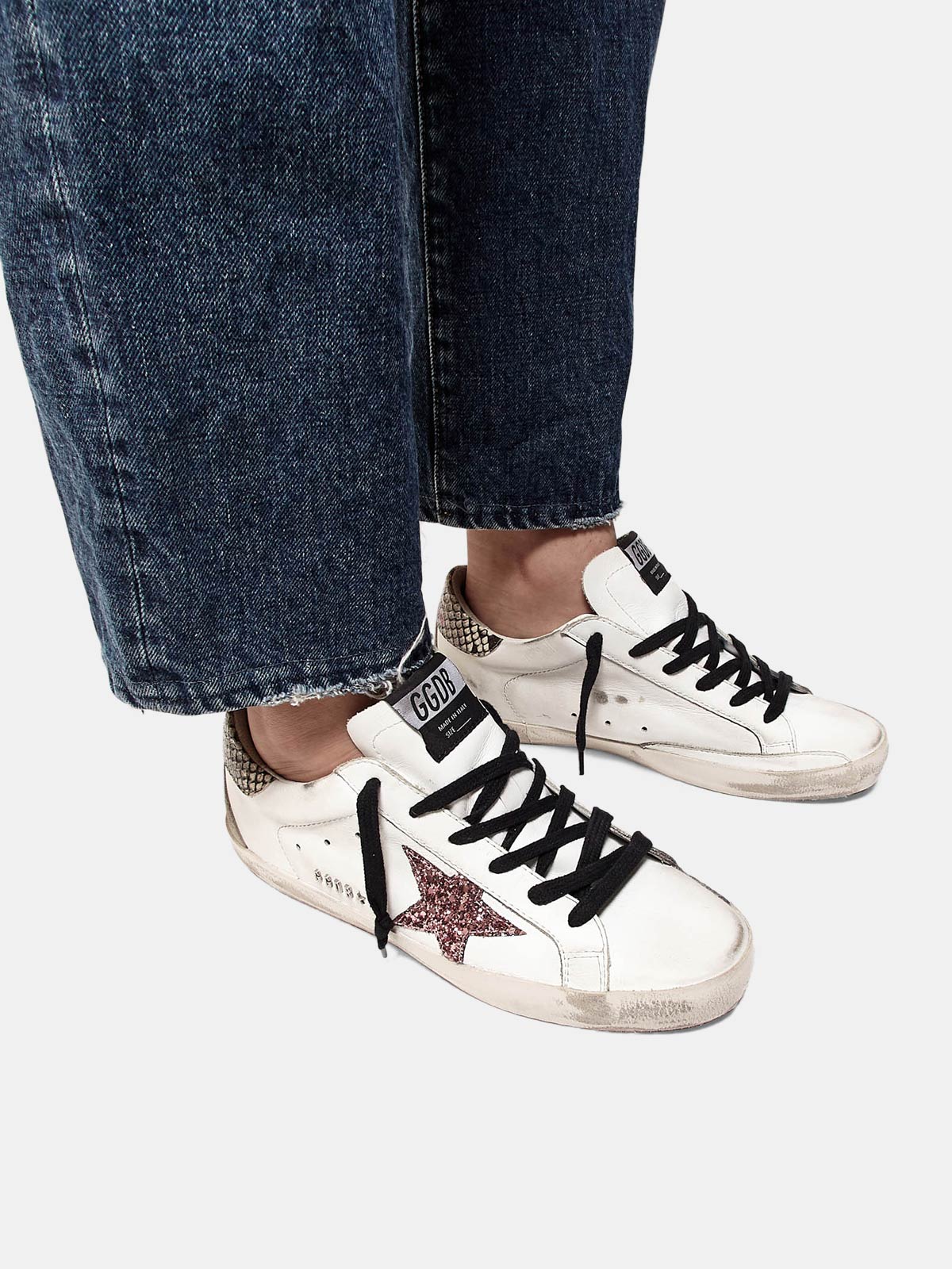 Super-Star sneakers with glitter star, snakeskin print heel tab and ...