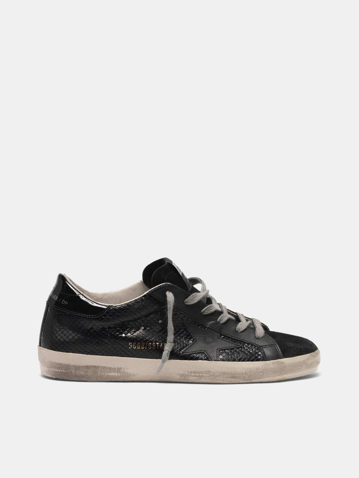 superstar sneakers in total black suede and snakeskin print leather