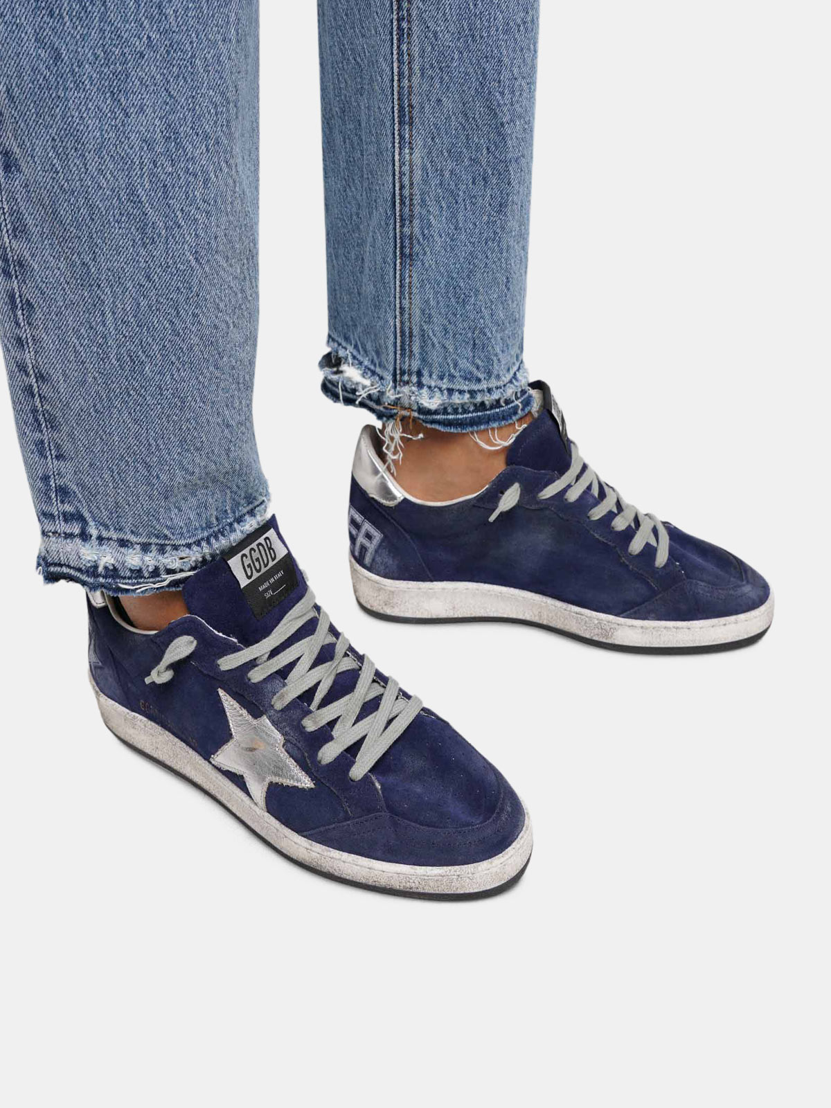 Ball Star sneakers in navy blue suede with silver star | Golden Goose