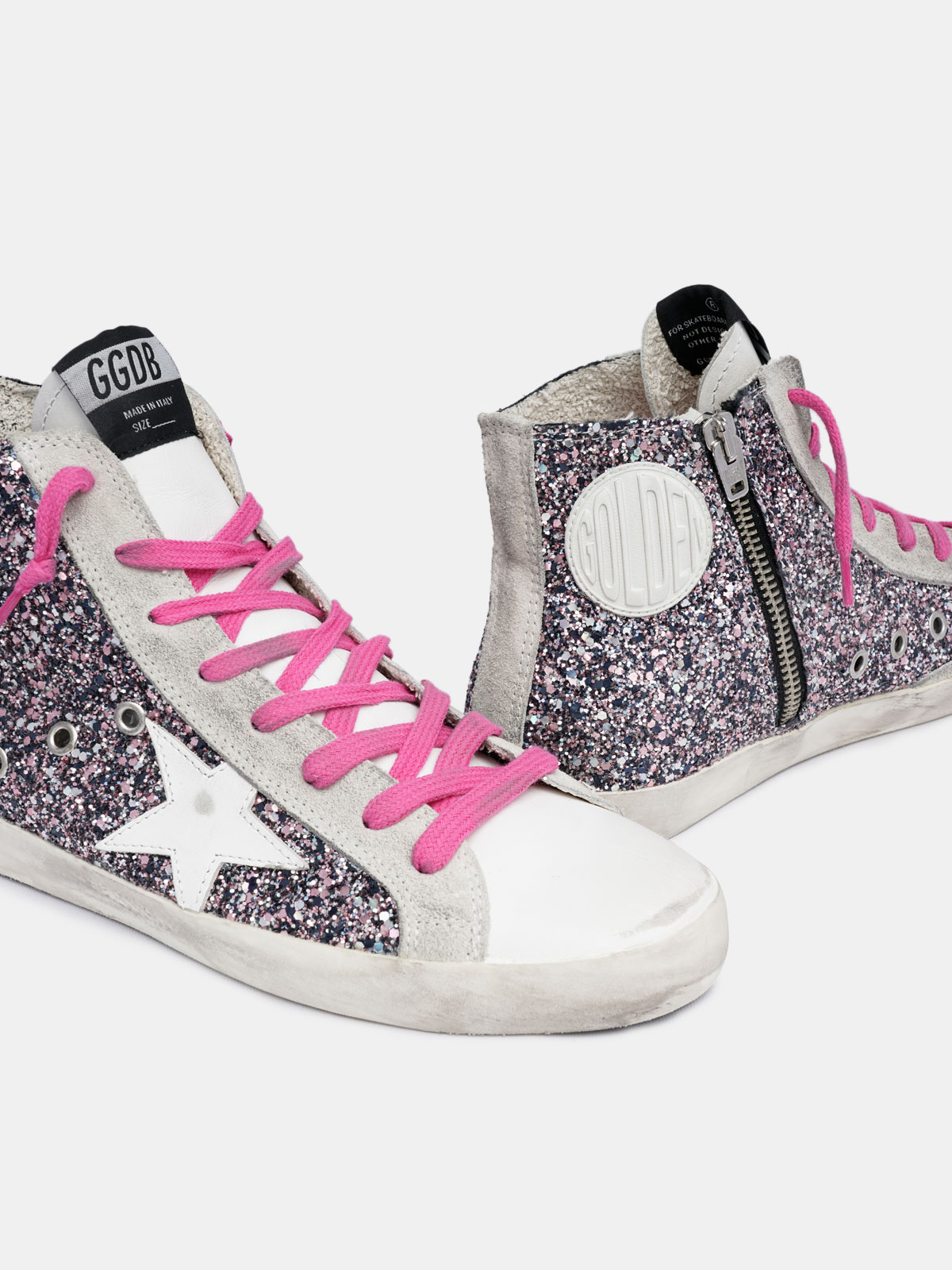 Francy sneakers with multicolour glitter and fuchsia laces