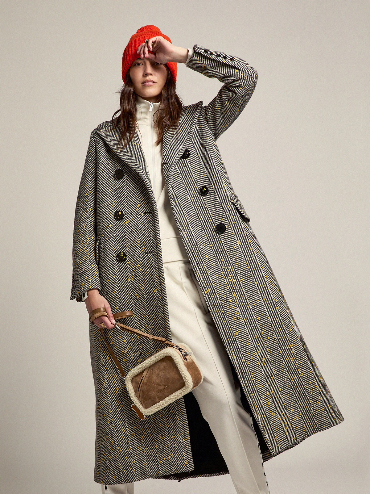 Berhen long herringbone coat with yellow details | Golden Goose