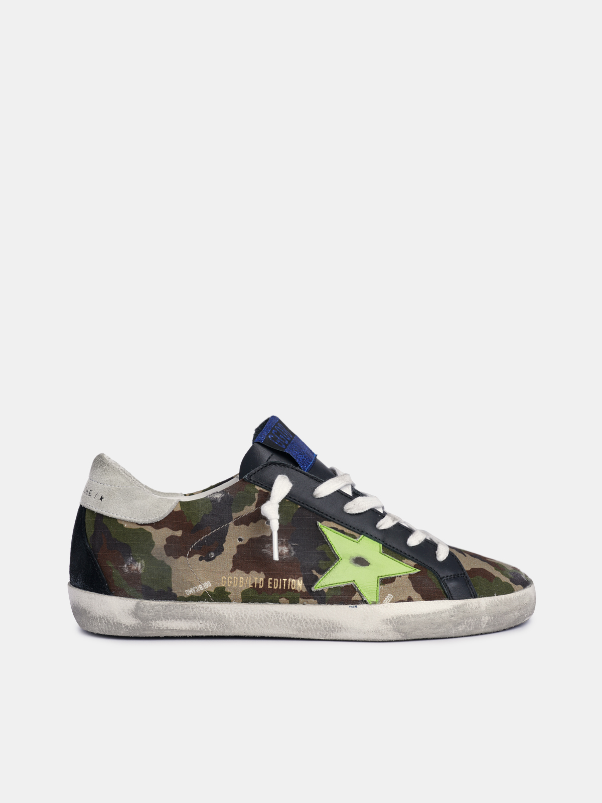 Super-Star sneakers with camouflage upper and fluorescent-yellow leather  star | Golden Goose