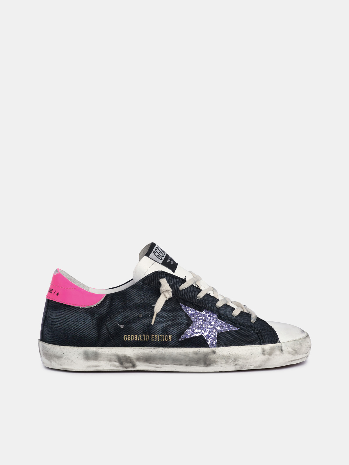 Super-Star sneakers with purple glitter star and fuchsia heel tab | Golden  Goose