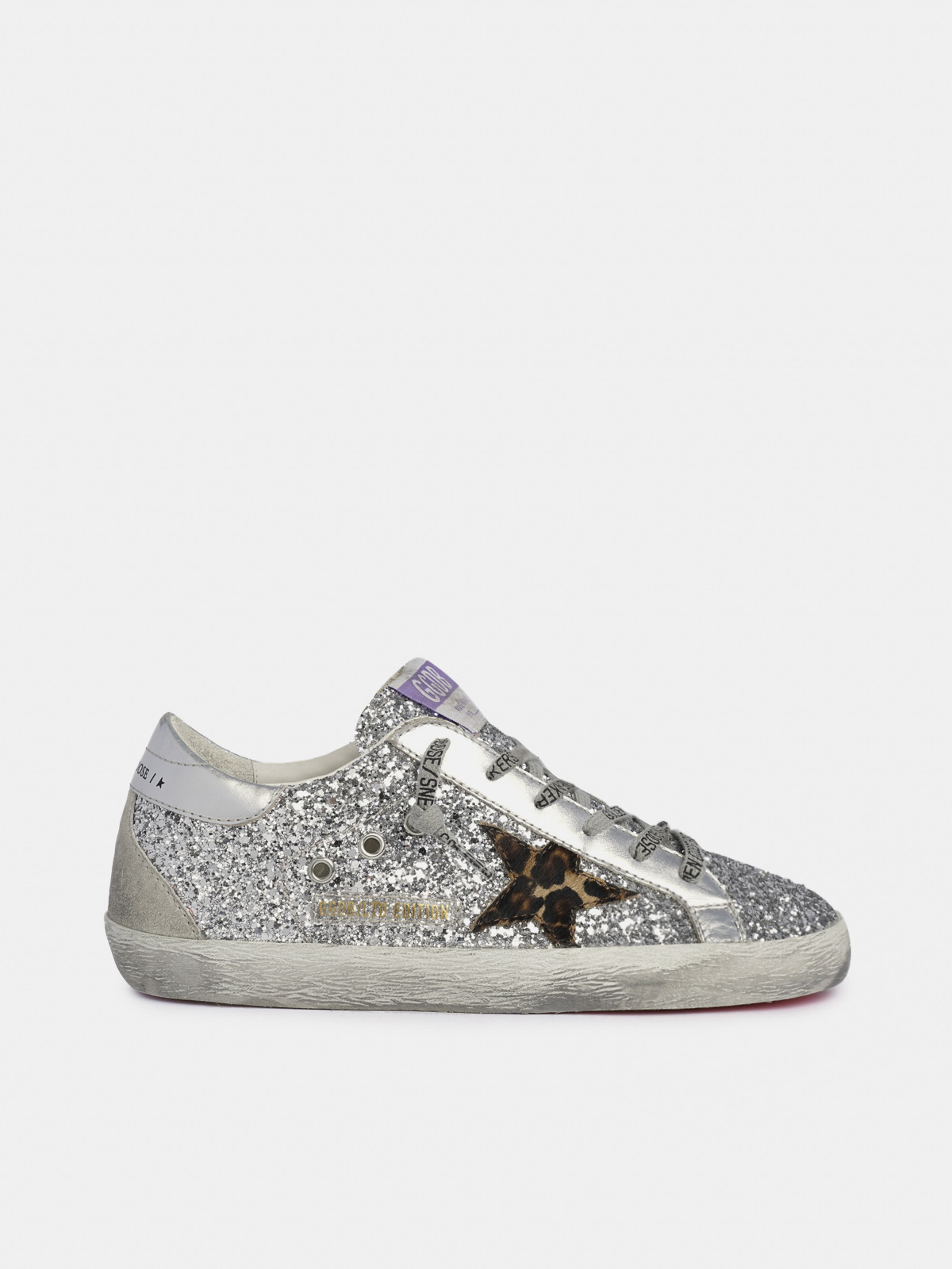 Super-Star sneakers with silver glitter and leopard-print pony