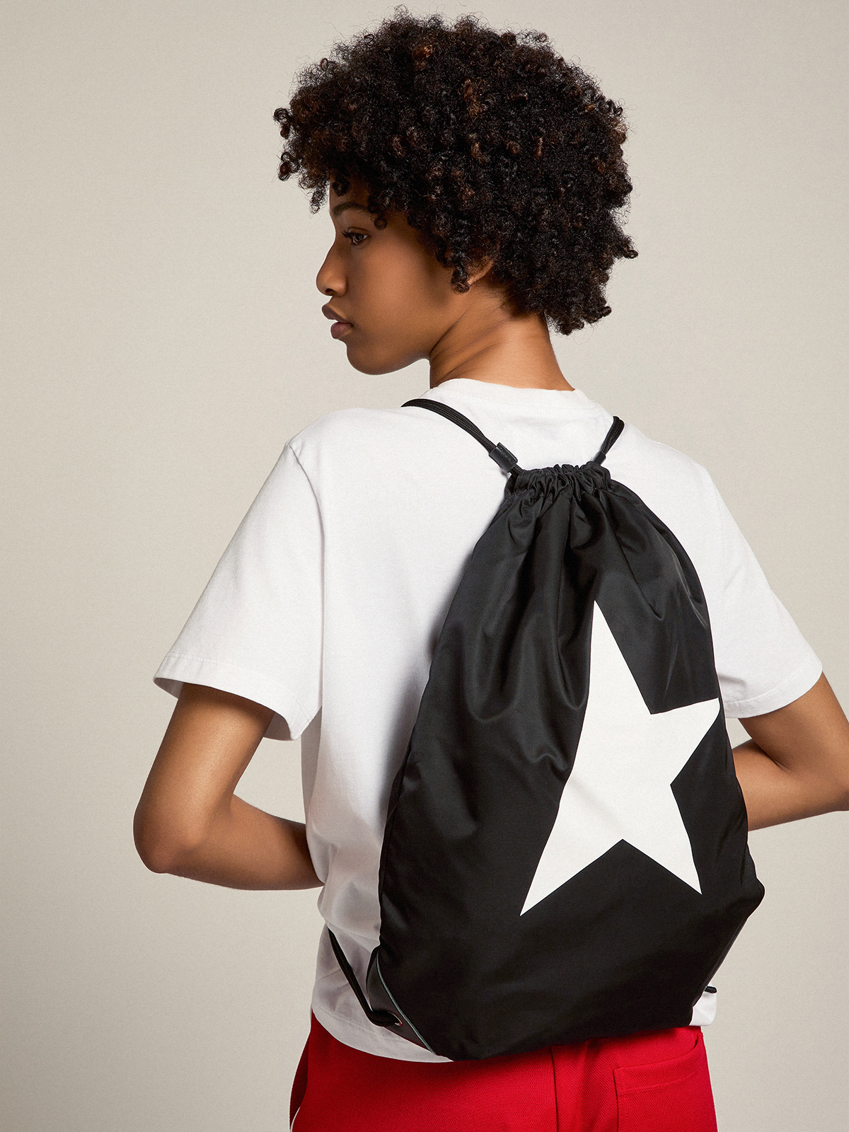 Star Collection backpack in black nylon with drawstring fastening