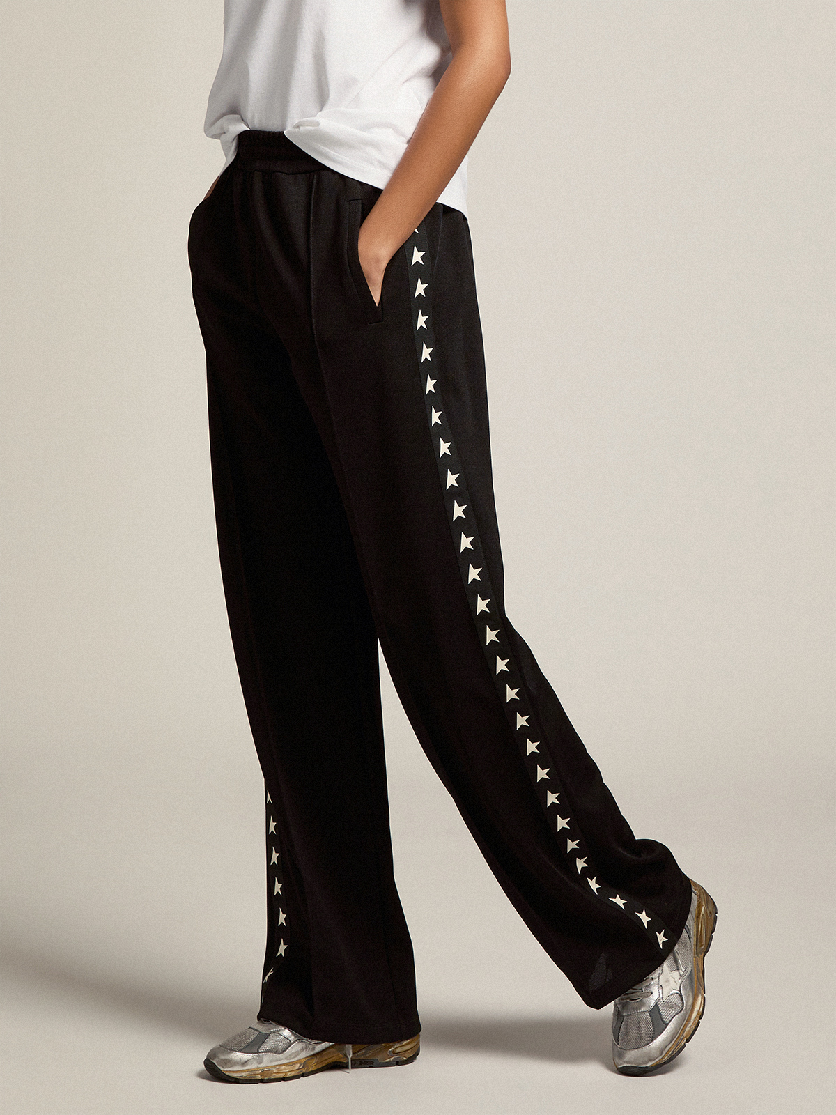 Women's black joggers with white stars on the sides | Golden Goose