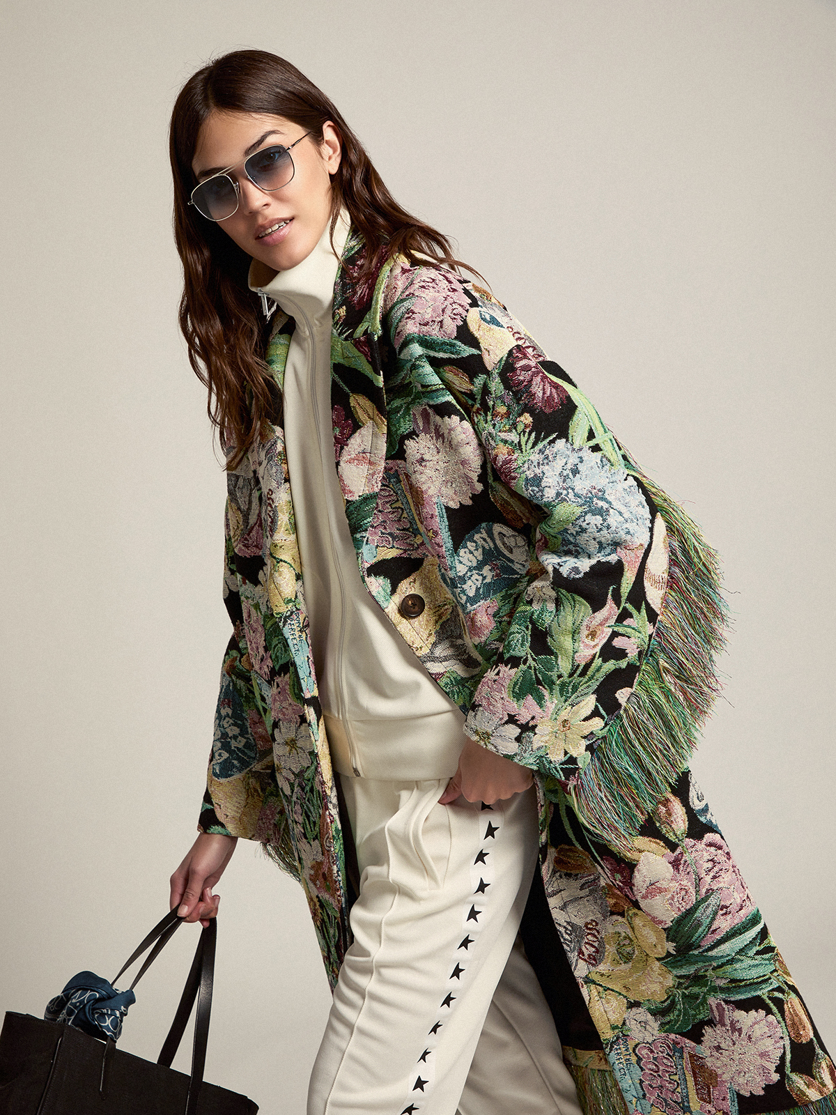 Single-breasted jacquard coat with flower collage and fringes