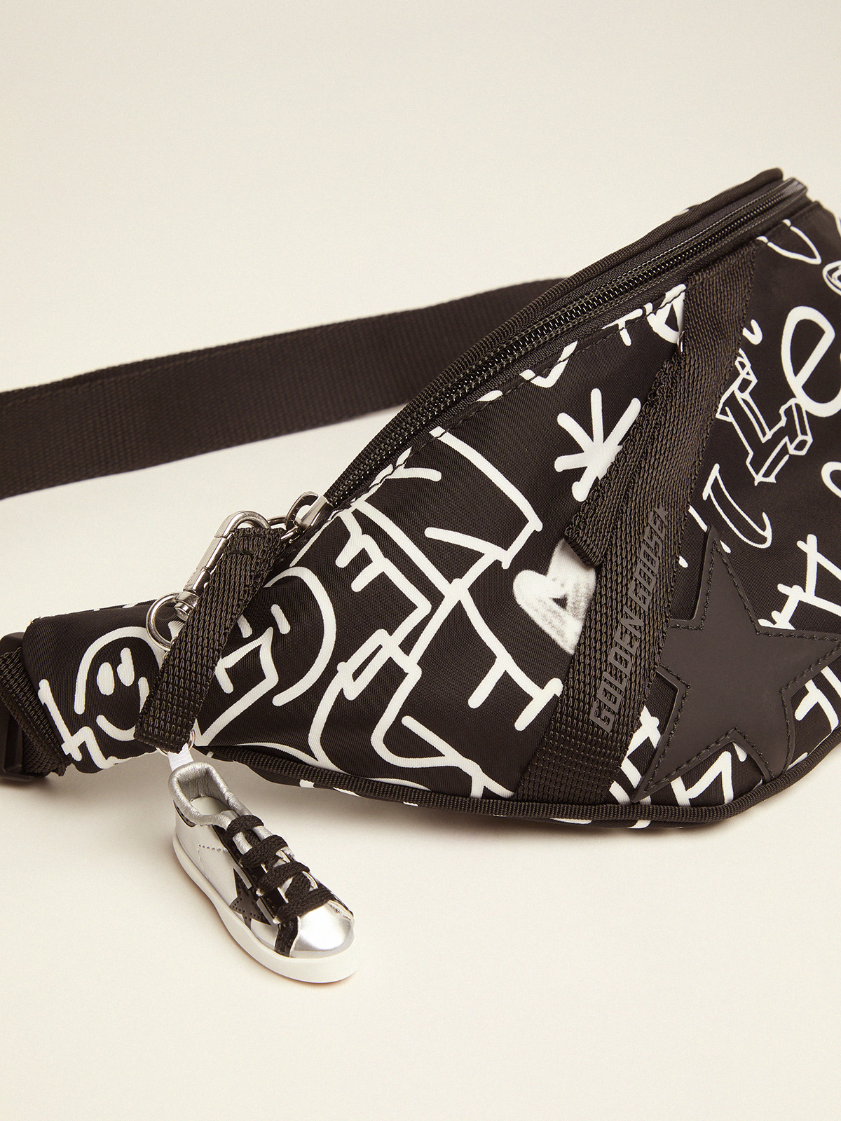 Journey belt bag in black nylon with contrasting white decorations