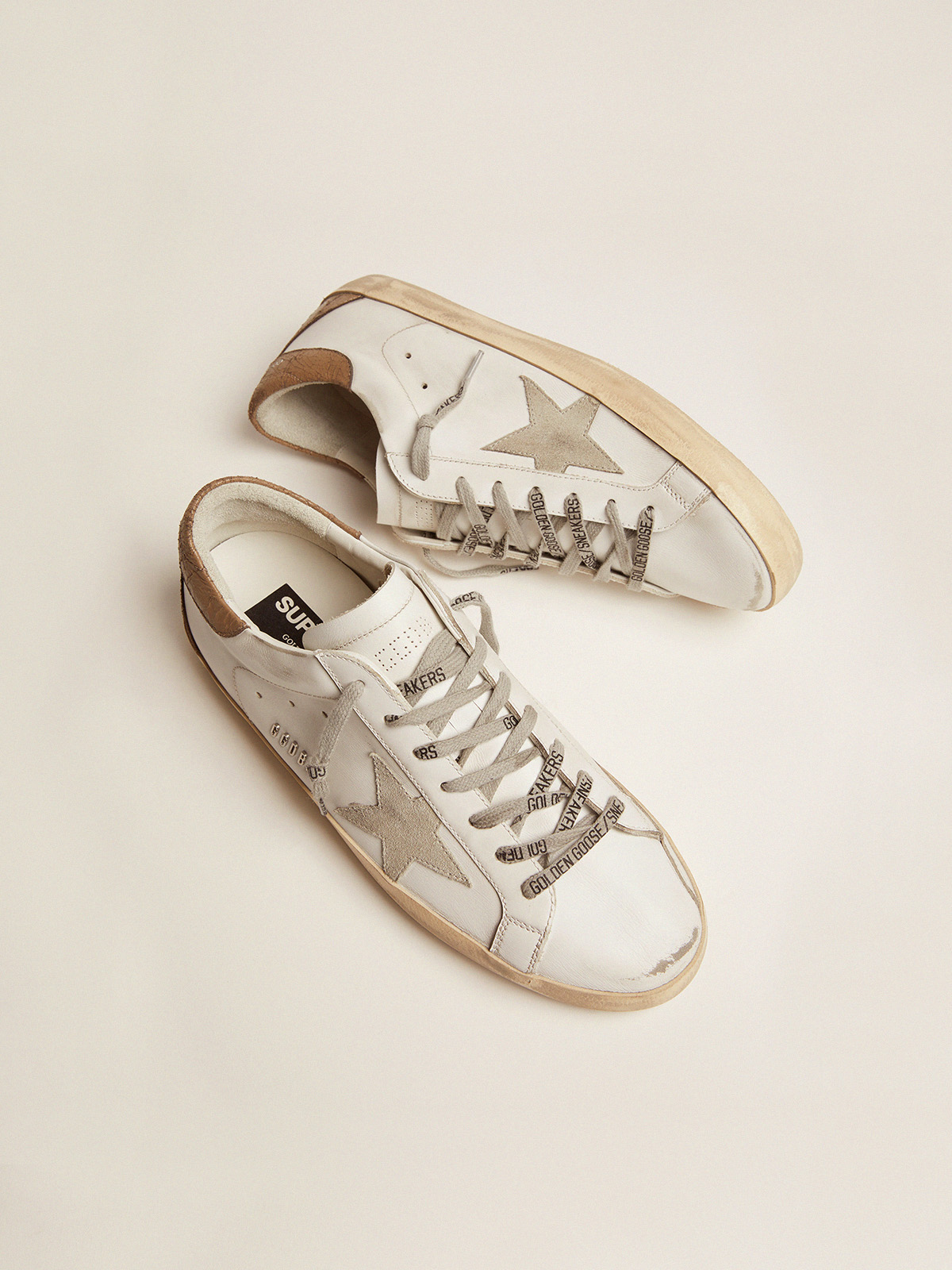 Super-Star sneakers with khaki-colored crackled leather heel tab | Golden  Goose