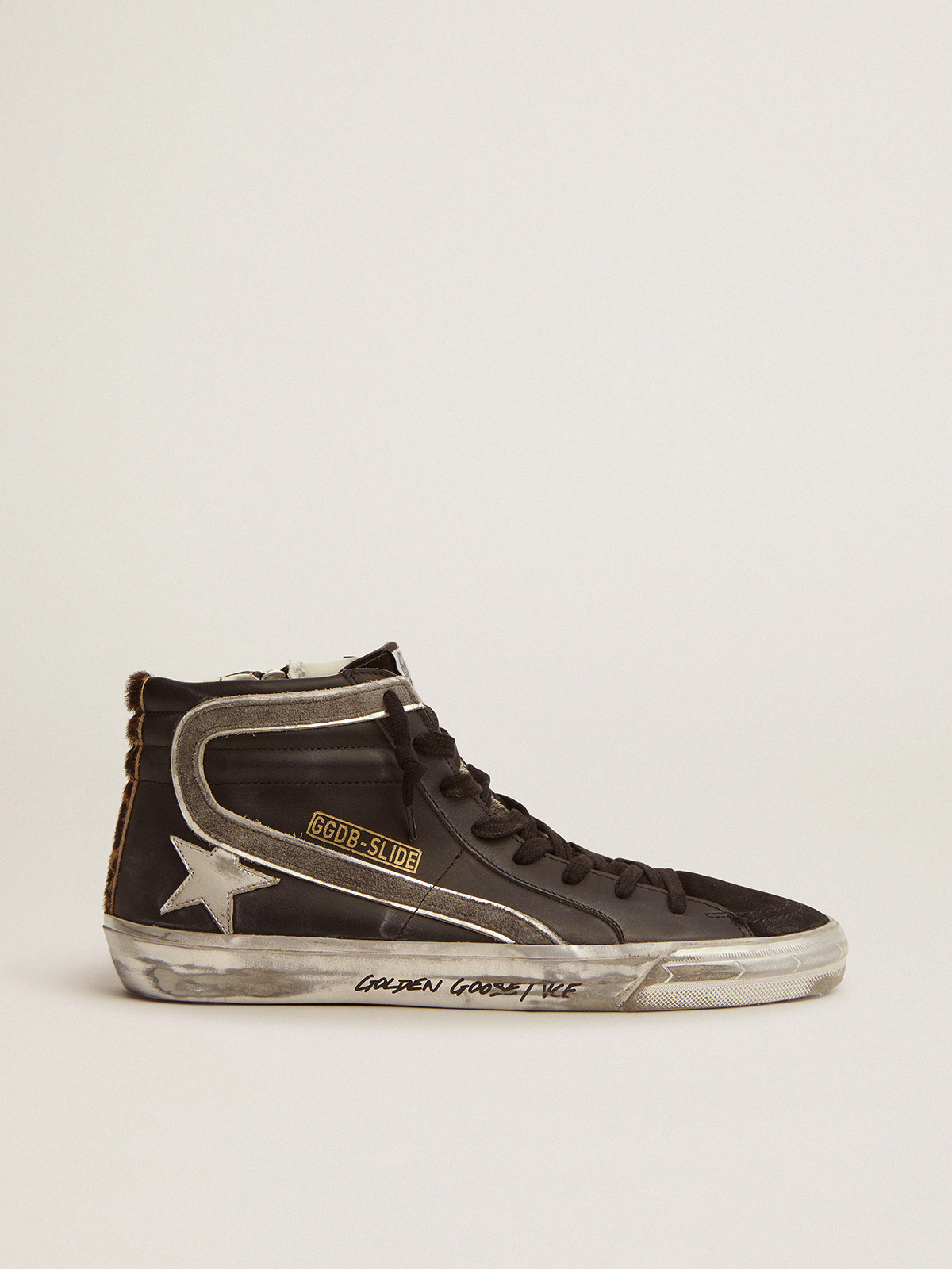 Slide sneakers in black leather with leopard-print pony skin heel tab |  Golden Goose