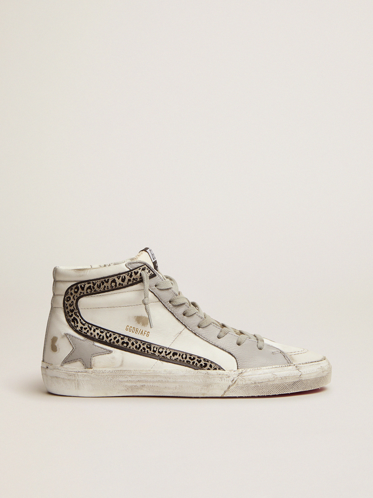 Slide sneakers with white leather upper and animal-print suede flash |  Golden Goose