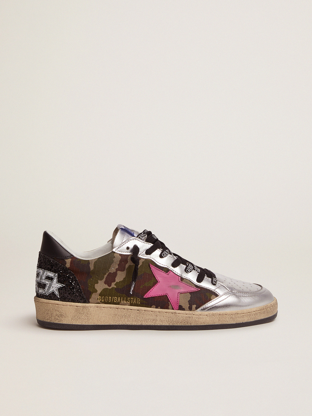 Ball Star LTD sneakers with camouflage print and fuchsia star | Golden Goose