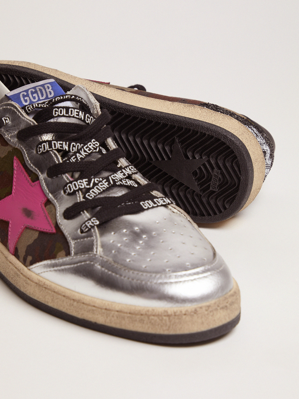 Ball Star LTD sneakers with camouflage print and fuchsia star | Golden Goose