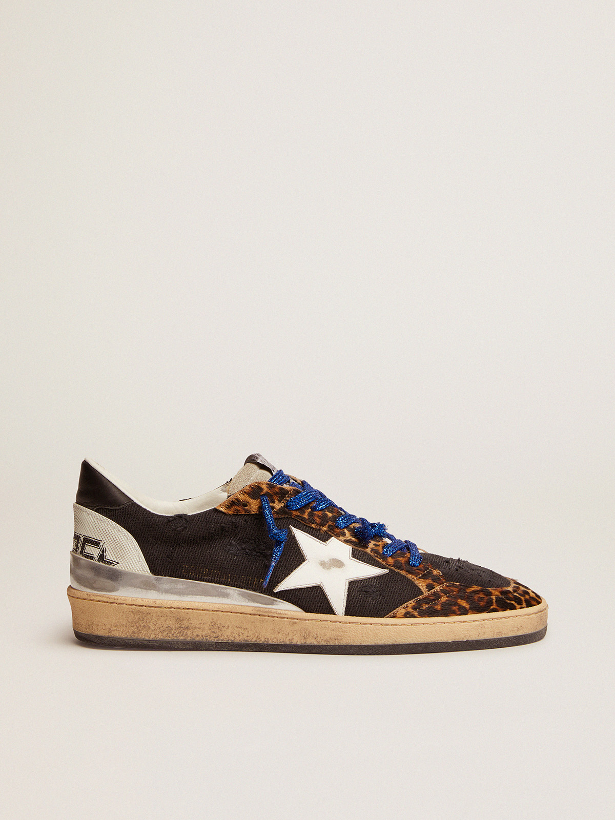 Ball Star sneakers in black canvas, leopard-print pony skin inserts and  multi-foxing | Golden Goose