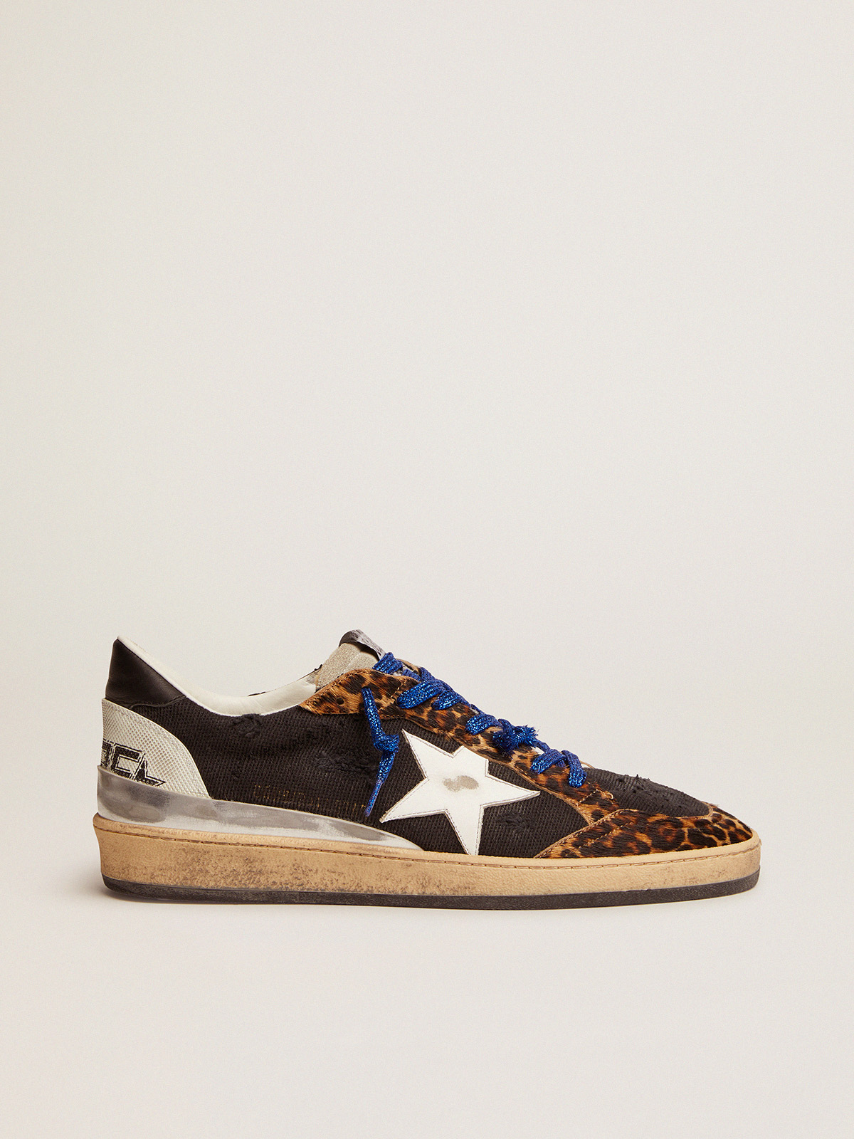 Ball Star sneakers in black canvas, leopard-print pony skin