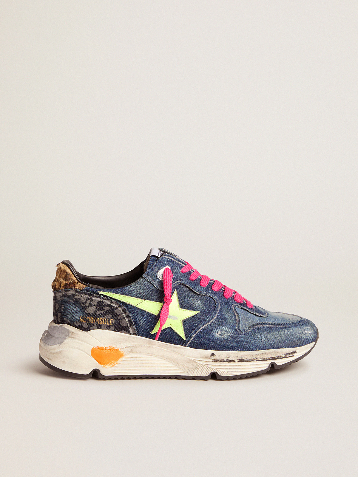 Denim Running Sole sneakers with a fluorescent star and pony skin heel tab  | Golden Goose