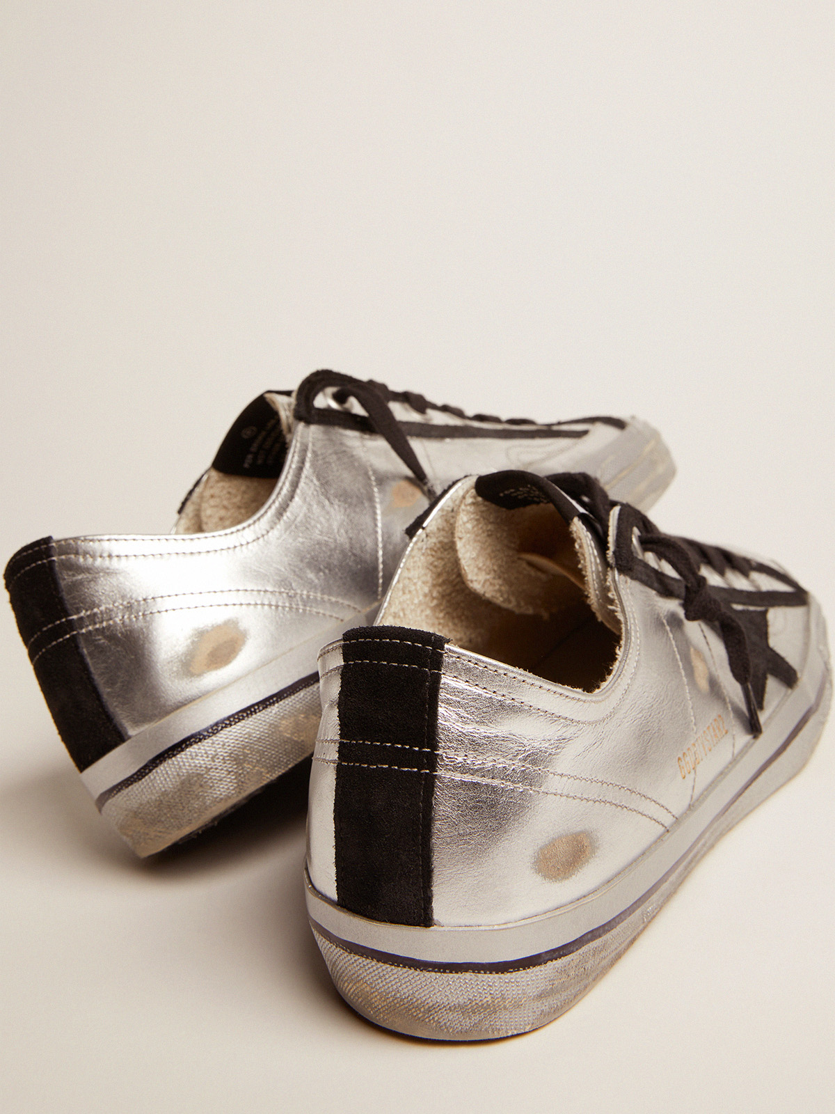 V-Star sneakers in silver laminated leather with black suede details |  Golden Goose