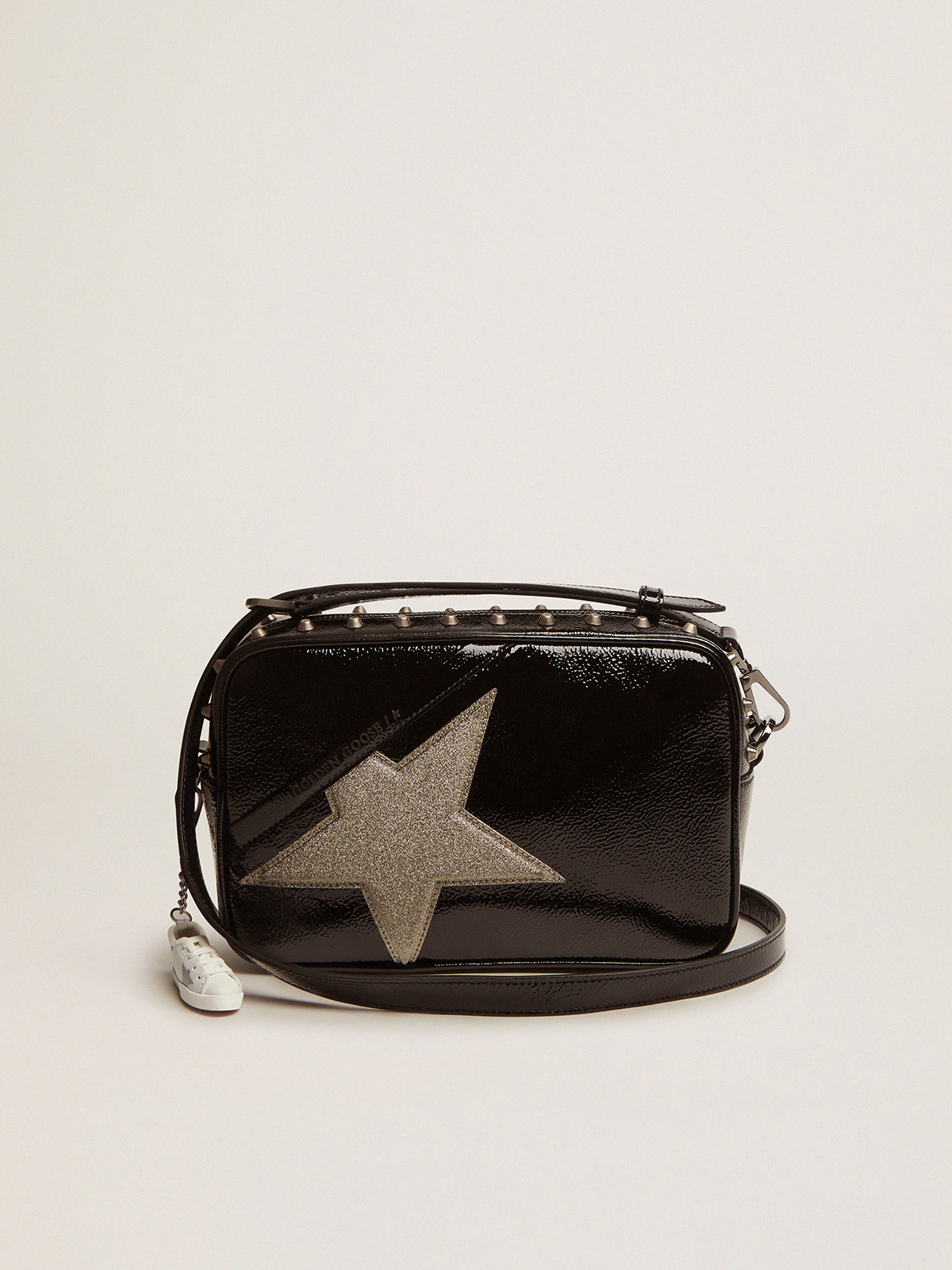 Borsa Star Bag in pelle nera verniciata e stella in glitter