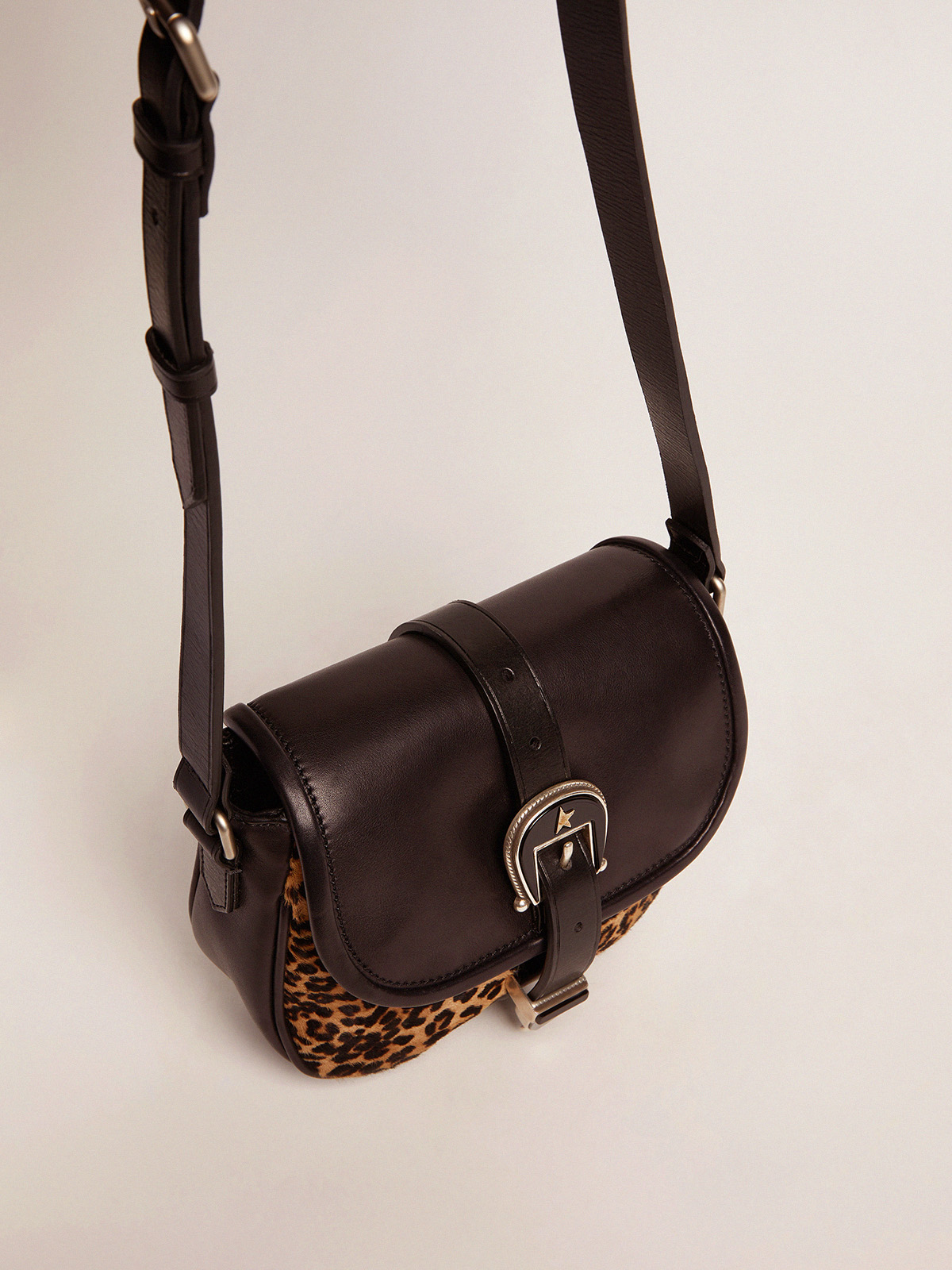Small Rodeo Bag in black leather and leopard-print pony skin