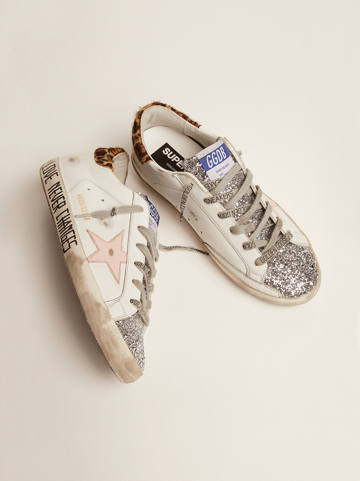Super-Star sneakers with silver glitter tongue and handwritten lettering |  Golden Goose