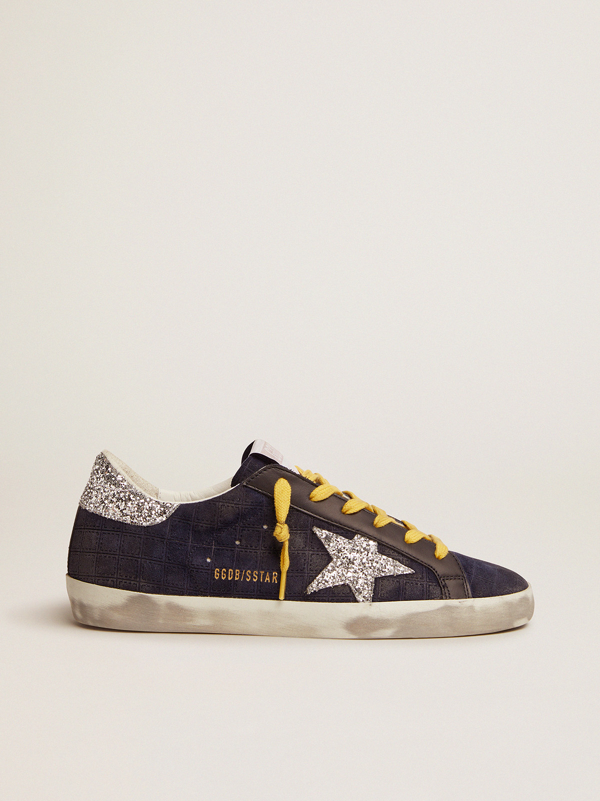 Super-Star sneakers in dark blue suede with checkered pattern and silver  glitter details | Golden Goose