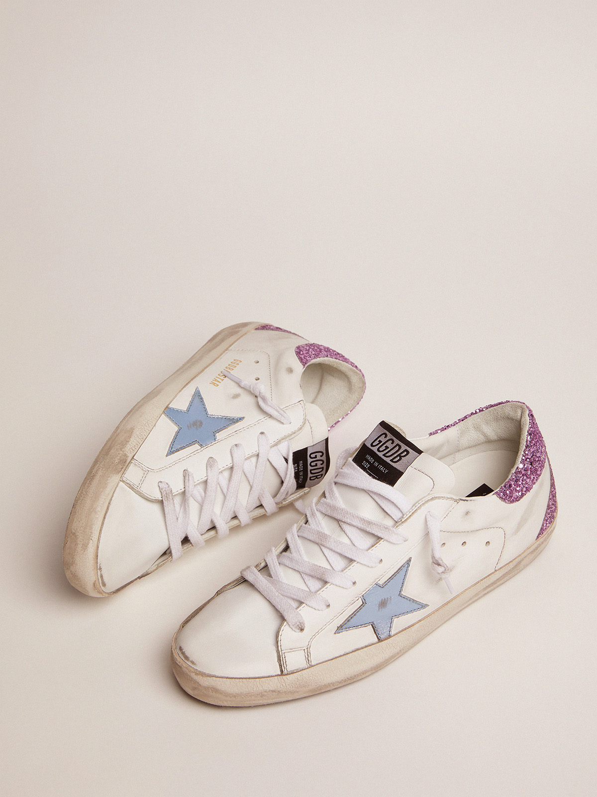 Super-Star sneakers with lavender glitter heel tab and light blue star |  Golden Goose