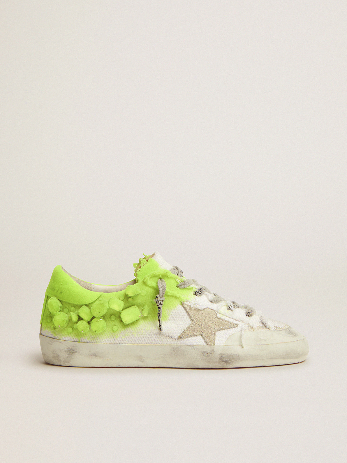 Super-Star in white canvas with crystals and fluorescent yellow flock paint  | Golden Goose