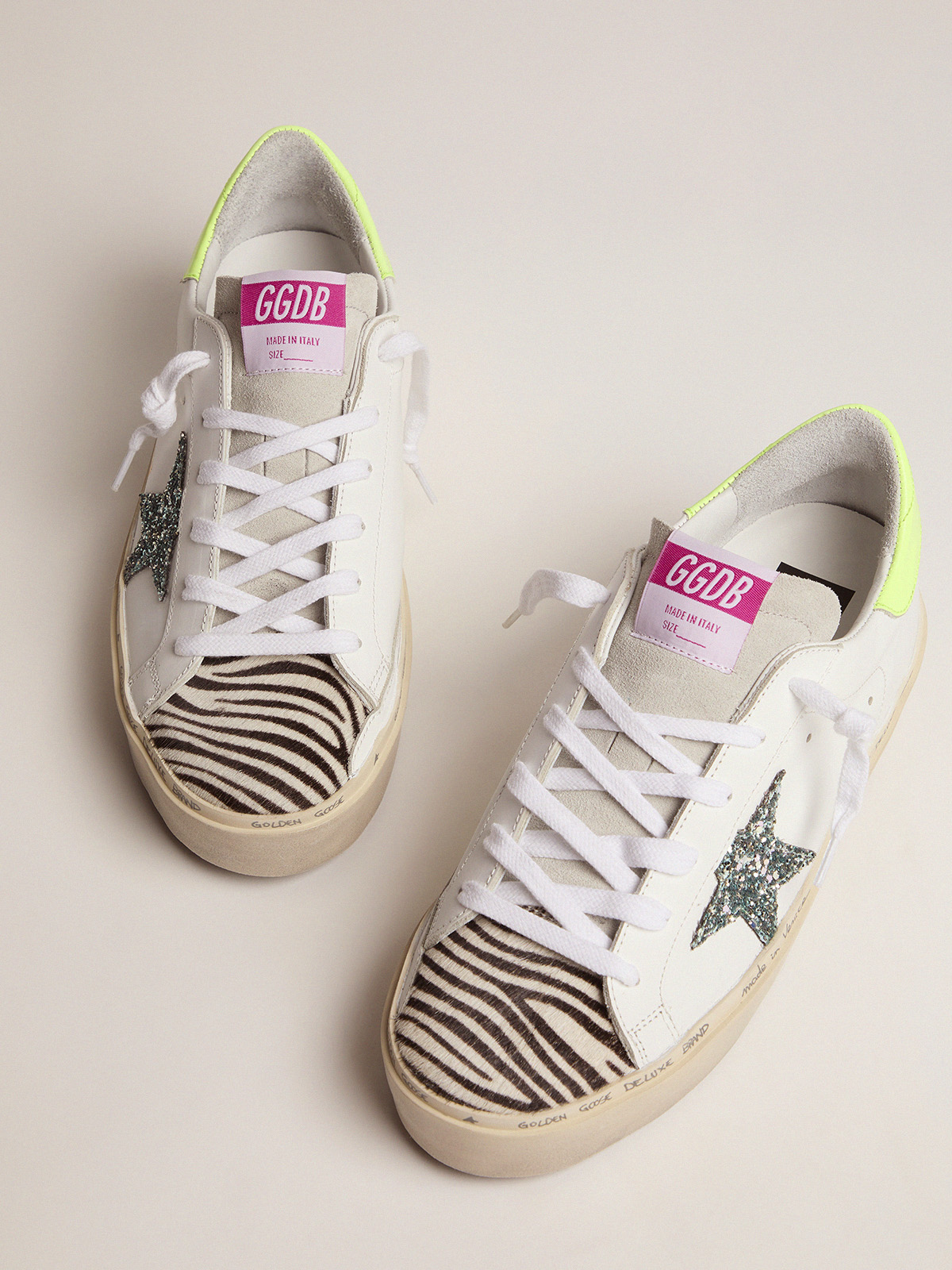 Hi Star sneakers with light blue glitter star and zebra-print insert |  Golden Goose