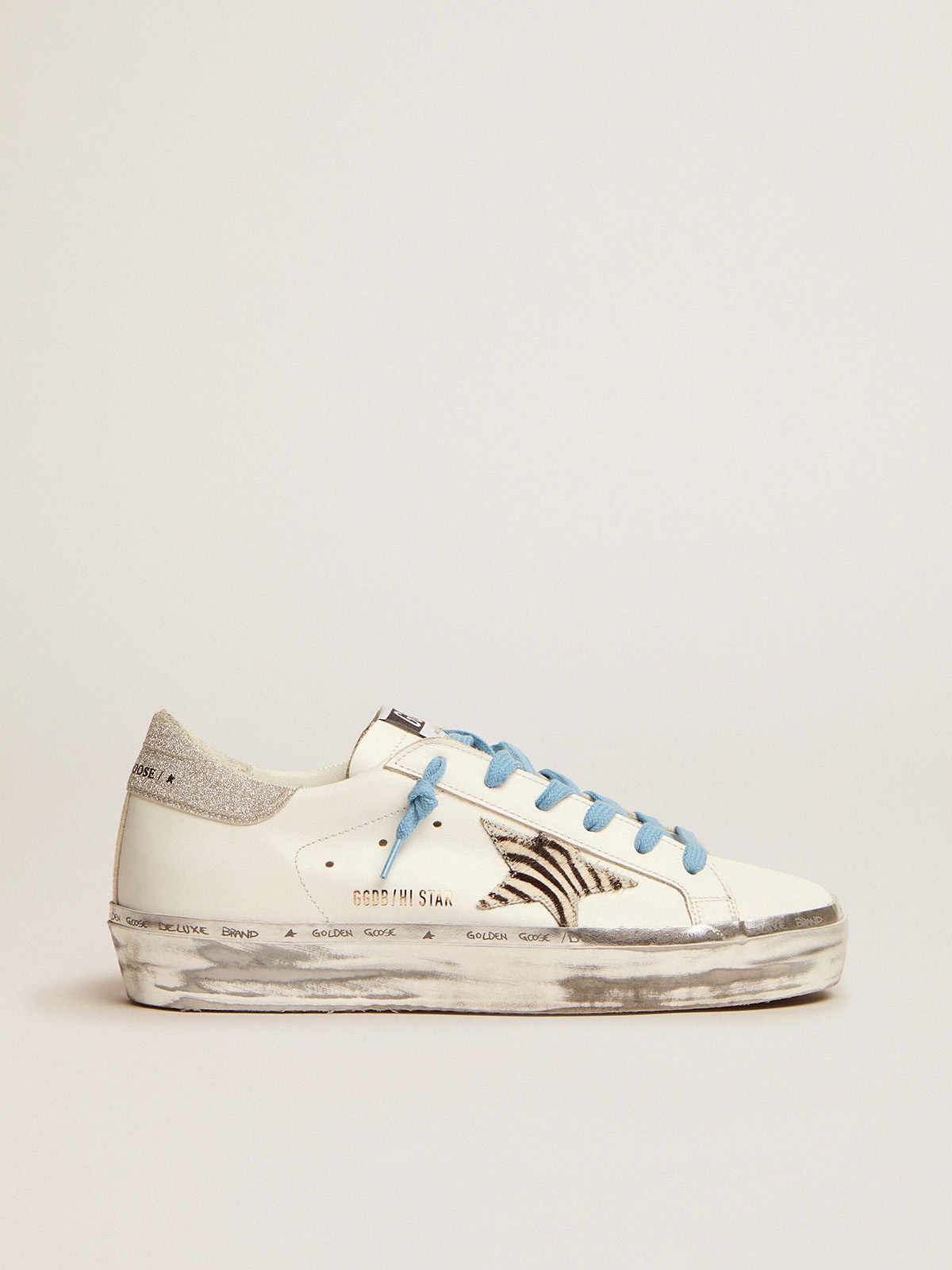 Hi Star sneakers with zebra-print pony skin star and glitter heel tab |  Golden Goose