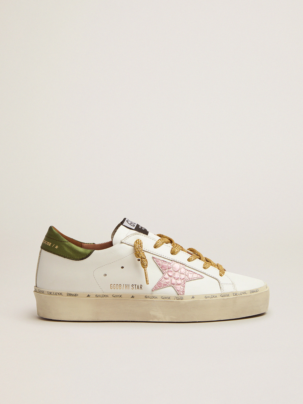 Hi Star sneakers with green heel tab and pink crocodile-print leather star  | Golden Goose