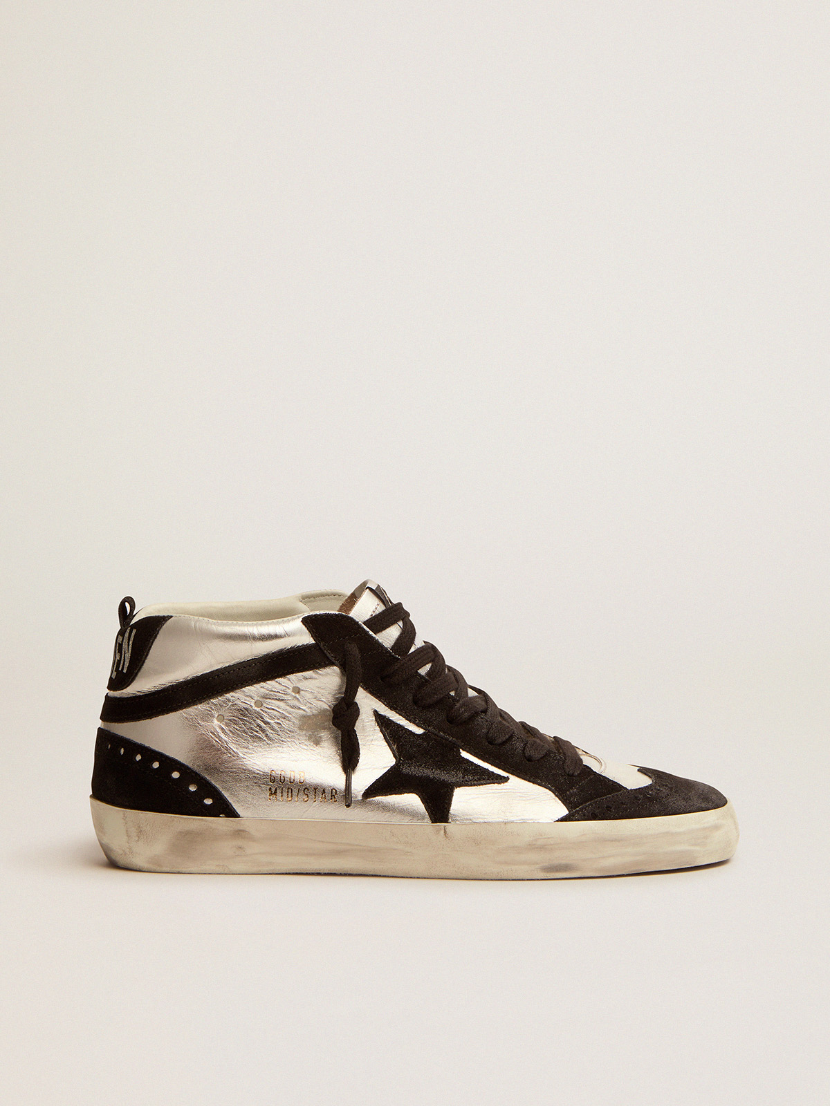 Mid Star LTD sneakers in silver laminated leather and black suede | Golden  Goose