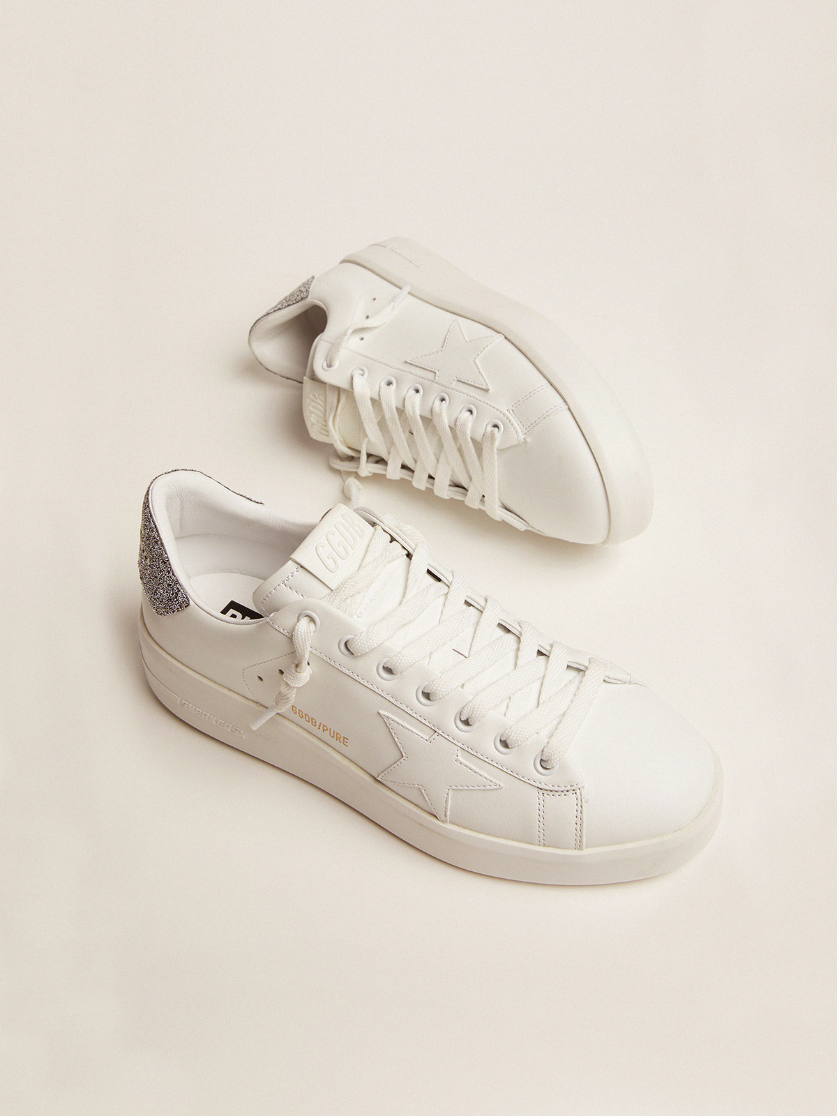 Purestar sneakers in white leather with silver crystal heel tab 