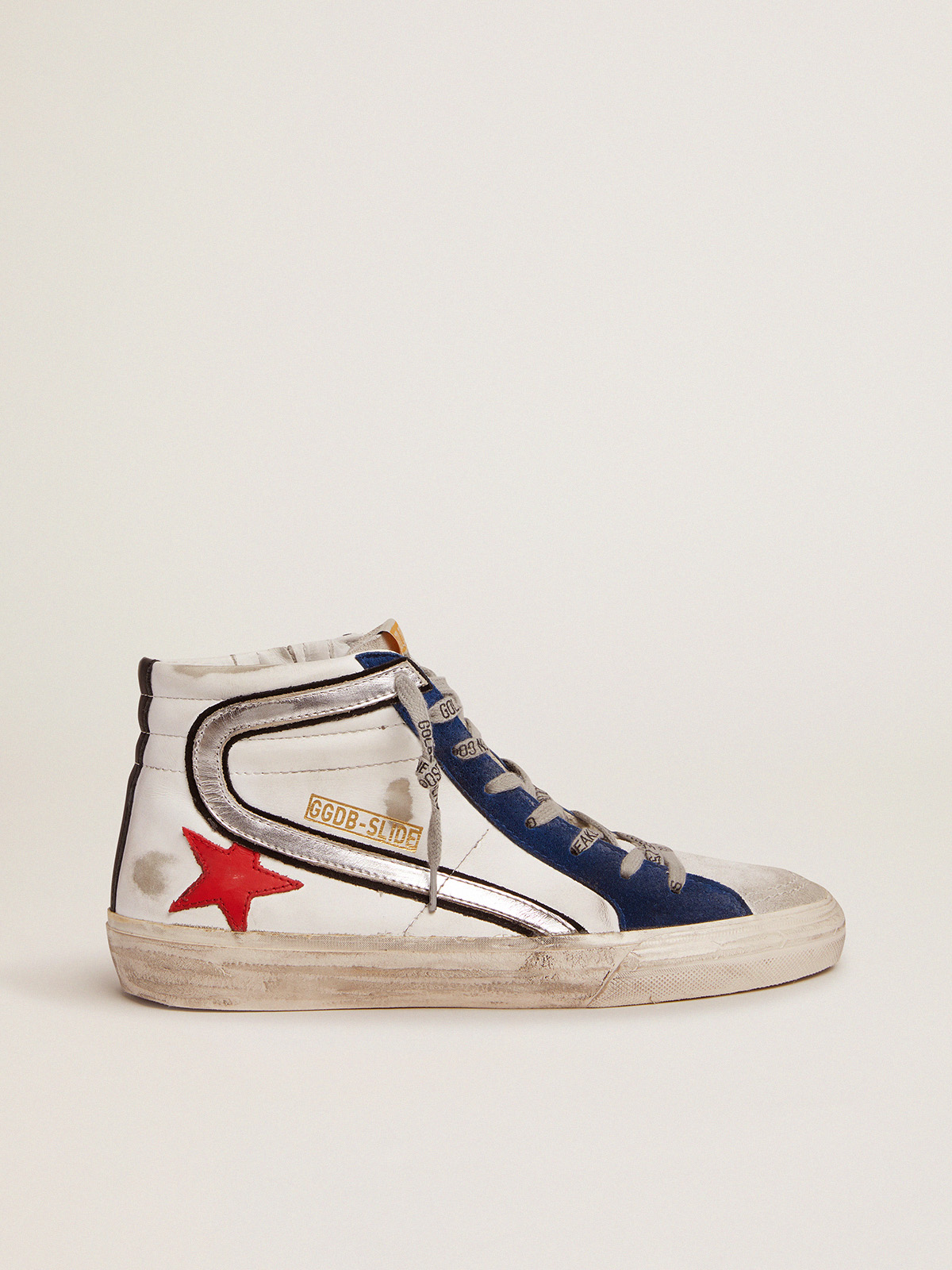 Slide sneakers in white leather with red leather star | Golden Goose