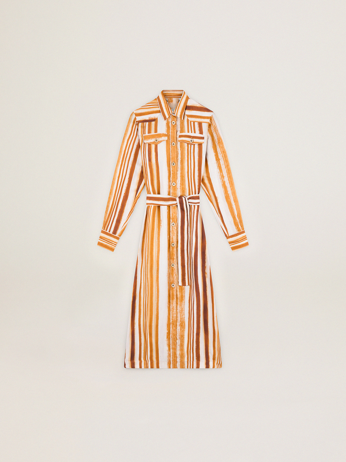 Shirt dress with watercolor-effect vertical stripe print | Golden